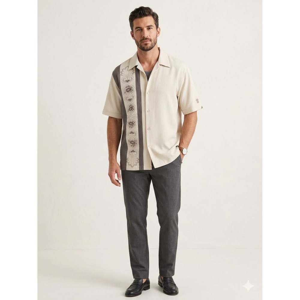 Cubavera Mens Short Sleeve Button Down Shirt Tan Brown Floral Embroidered Large